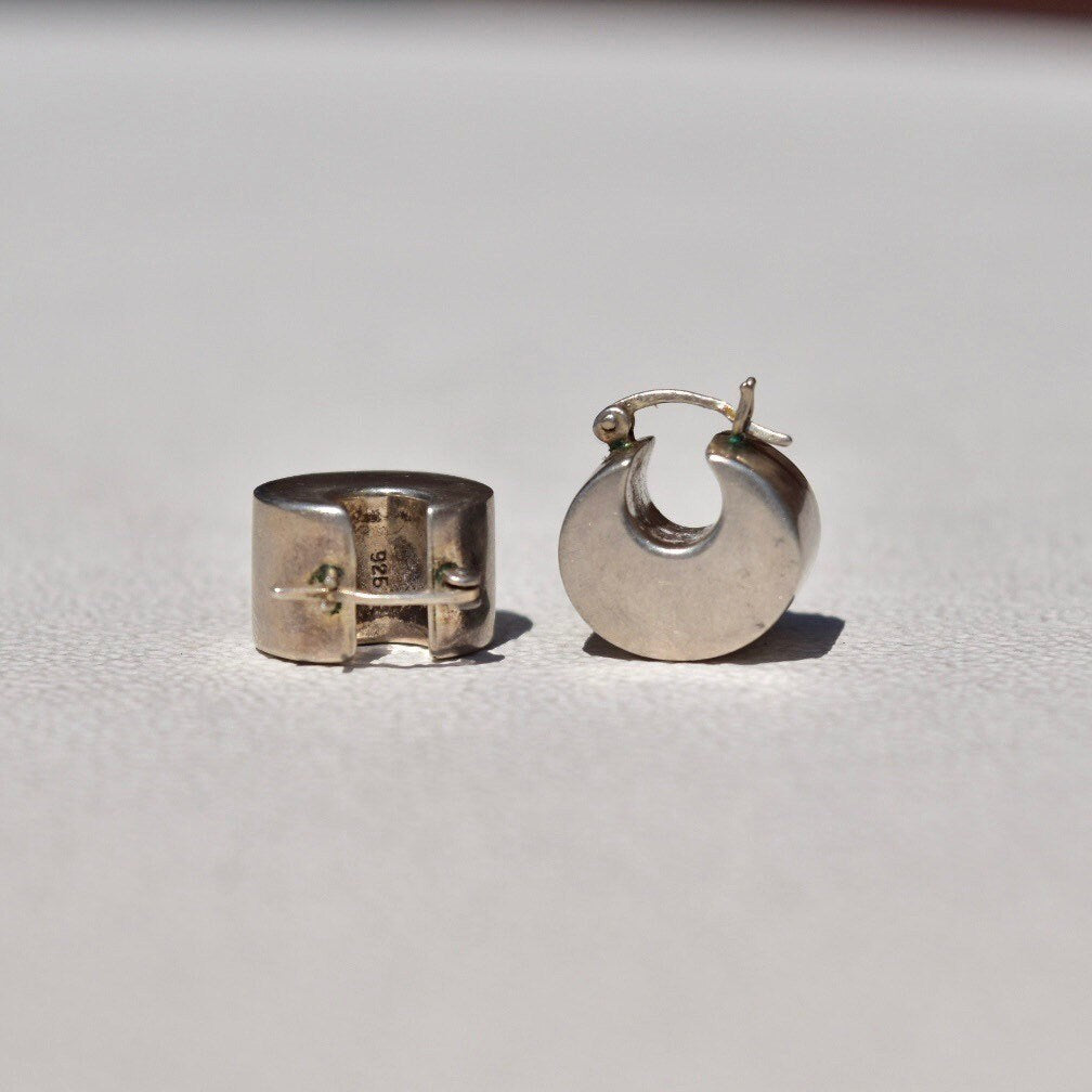 Mini Chunky Sterling Silver Hoop Earrings, Small Unisex Earrings, Modernist Jewelry, Vintage 925 Hoops, 16mm