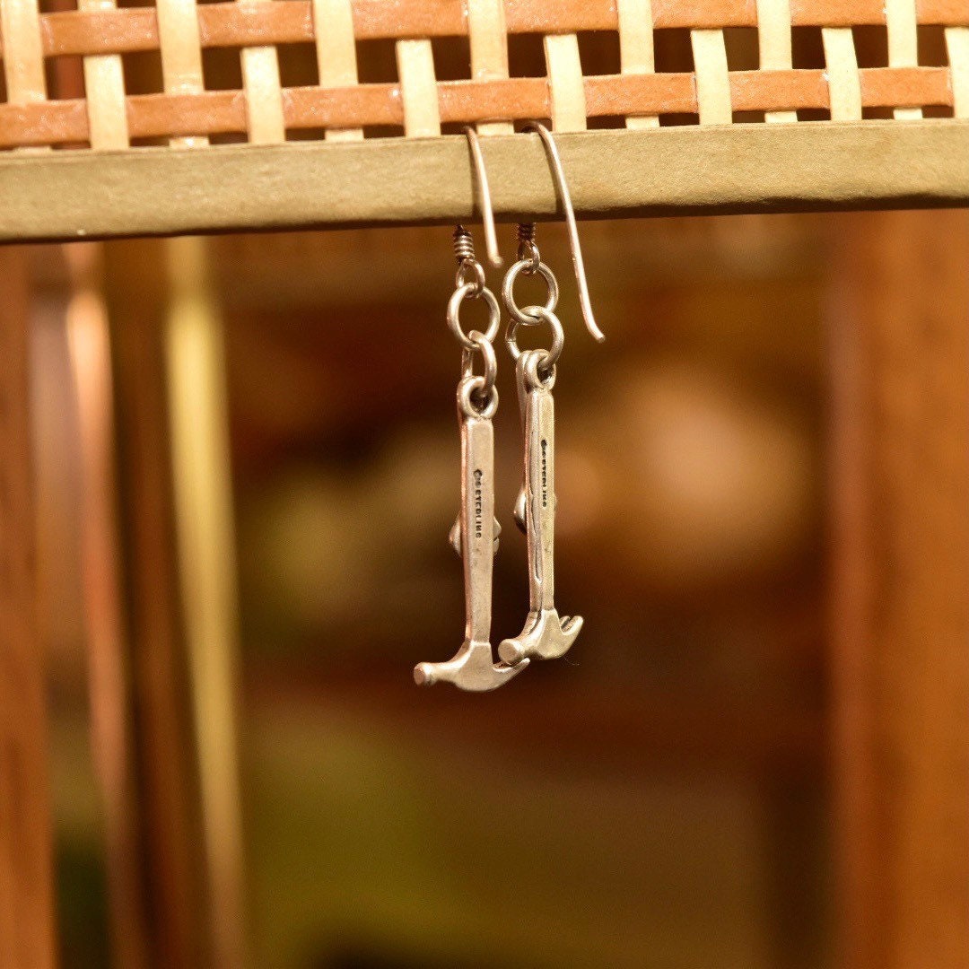 Sterling Silver Hammer & Wrench Dangle Earrings, Cute Silver Mechanic Tool Charms, Vintage 925 Fish Hook Earrings, 1 7/8"