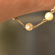 Elegant 14K Gold Cultured Pearl Station Bracelet, Dainty Yellow Gold Cable Links, 6mm Round Pearls, Opera Bracelet, 7 1/4"