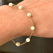 Elegant 14K Gold Cultured Pearl Station Bracelet, Dainty Yellow Gold Cable Links, 6mm Round Pearls, Opera Bracelet, 7 1/4"