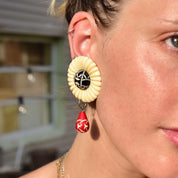 Chunky Flower Clip On Earrings, Beige, Red & Black, Carved Designs, Funky Teardrop Dangle Earrings, Plastic/Bakelite, 2 7/8" L