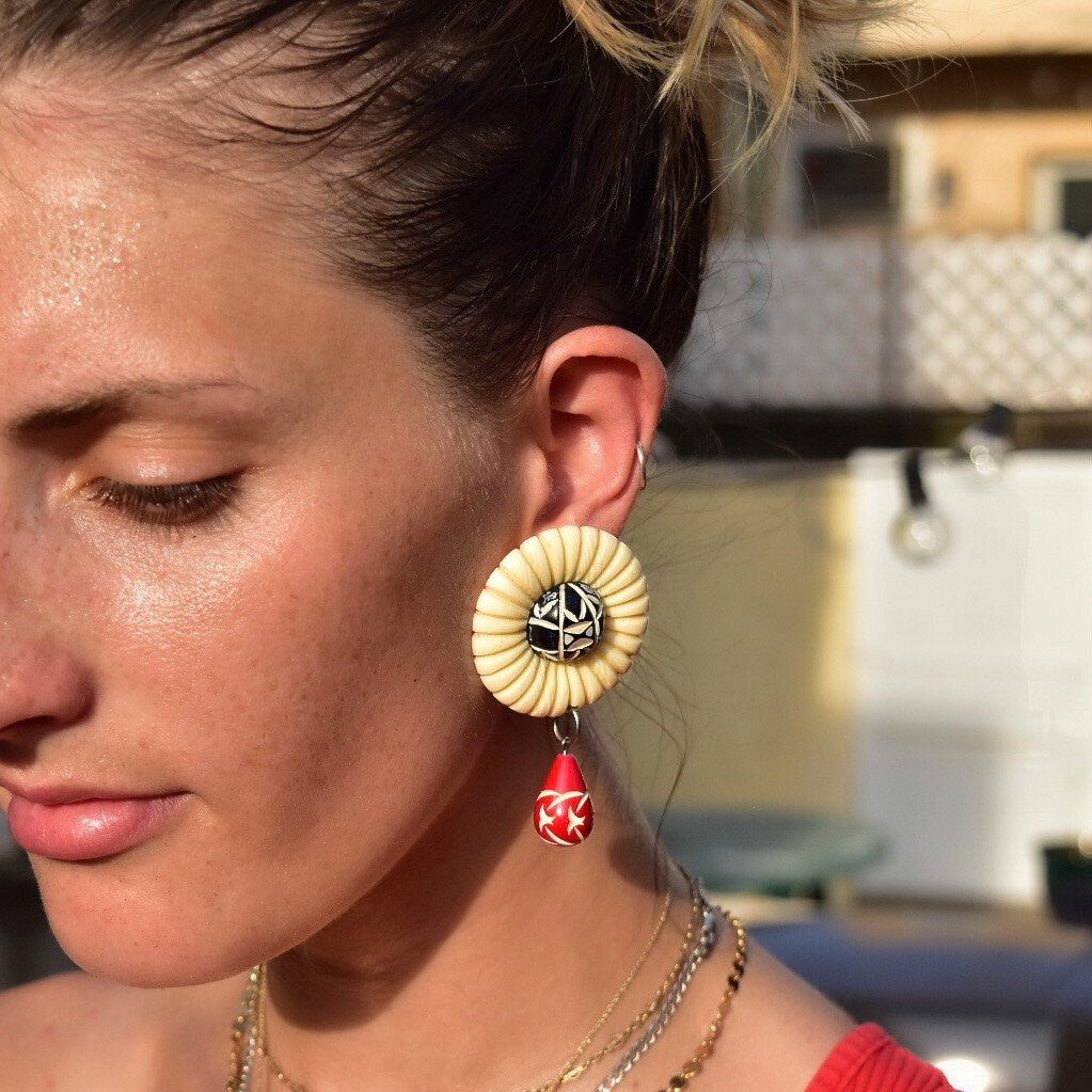Chunky Flower Clip On Earrings, Beige, Red & Black, Carved Designs, Funky Teardrop Dangle Earrings, Plastic/Bakelite, 2 7/8" L