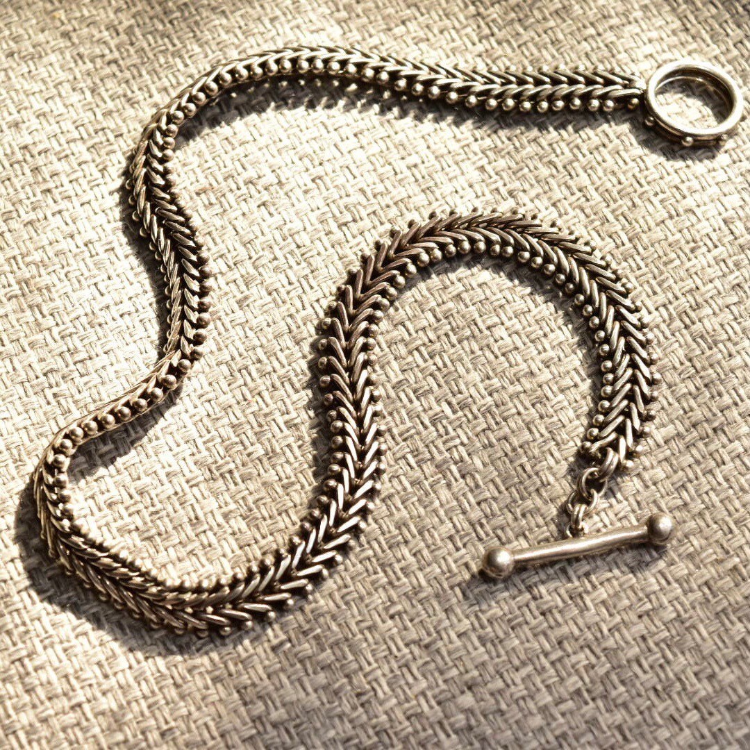 Stephen Dweck Sterling Silver Foxtail Toggle Chain Necklace, Solid Silver Link Chain, Gothic/Industrial, 17" L