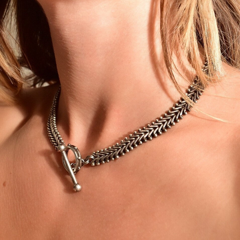 Stephen Dweck Sterling Silver Foxtail Toggle Chain Necklace, Solid Silver Link Chain, Gothic/Industrial, 17" L