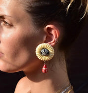 Chunky Flower Clip On Earrings, Beige, Red & Black, Carved Designs, Funky Teardrop Dangle Earrings, Plastic/Bakelite, 2 7/8" L