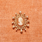Ornate 14K Yellow Gold Pearl Frame Cameo Brooch Pin, Classic Relief Shell Carving, Ornate Pearl Crown Setting, 40mm