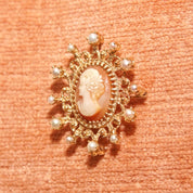 Ornate 14K Yellow Gold Pearl Frame Cameo Brooch Pin, Classic Relief Shell Carving, Ornate Pearl Crown Setting, 40mm
