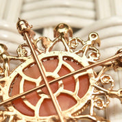 Ornate 14K Yellow Gold Pearl Frame Cameo Brooch Pin, Classic Relief Shell Carving, Ornate Pearl Crown Setting, 40mm