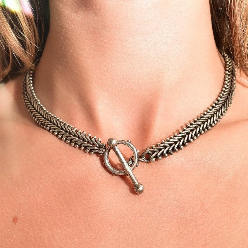 Stephen Dweck Sterling Silver Foxtail Toggle Chain Necklace, Solid Silver Link Chain, Gothic/Industrial, 17" L