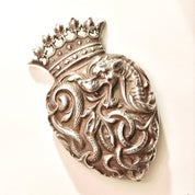 Sterling Silver Heraldic Shield Brooch Pin, Crown Crest, Serpent Dragon Coat Of Arms, Vintage Family Crest, 60mm