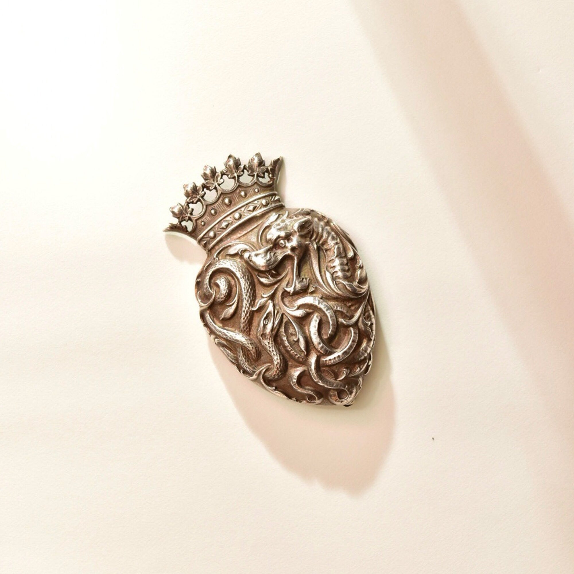 Sterling Silver Heraldic Shield Brooch Pin, Crown Crest, Serpent Dragon Coat Of Arms, Vintage Family Crest, 60mm