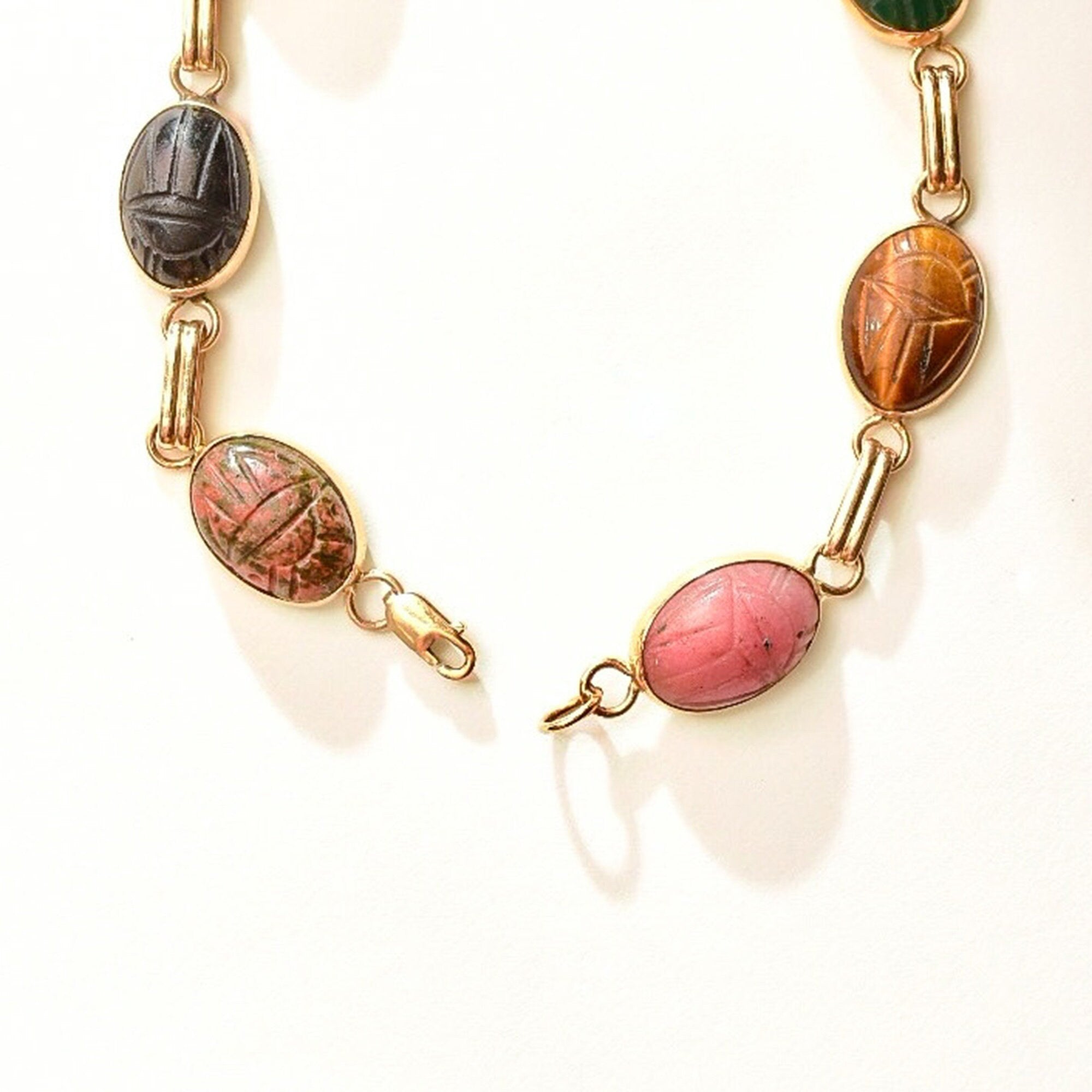 14K Scarab Bracelet with Carved Natural Gemstones