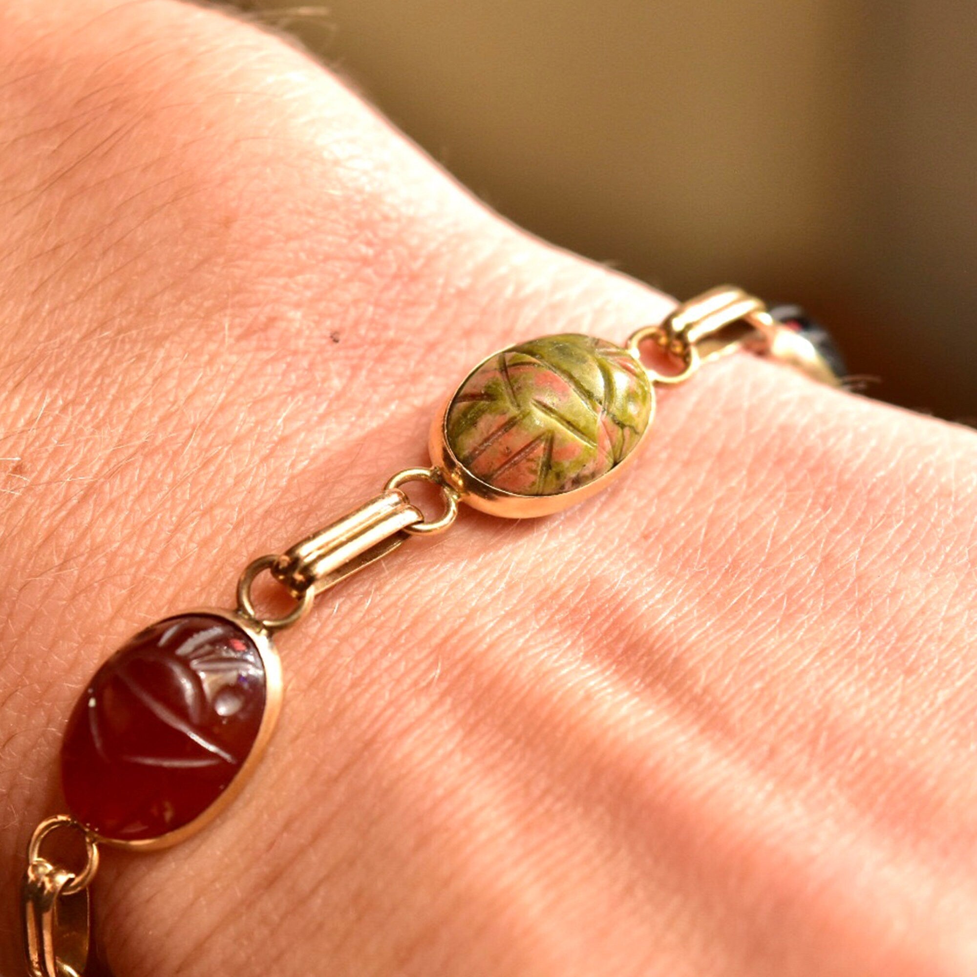 14K Scarab Bracelet with Carved Natural Gemstones