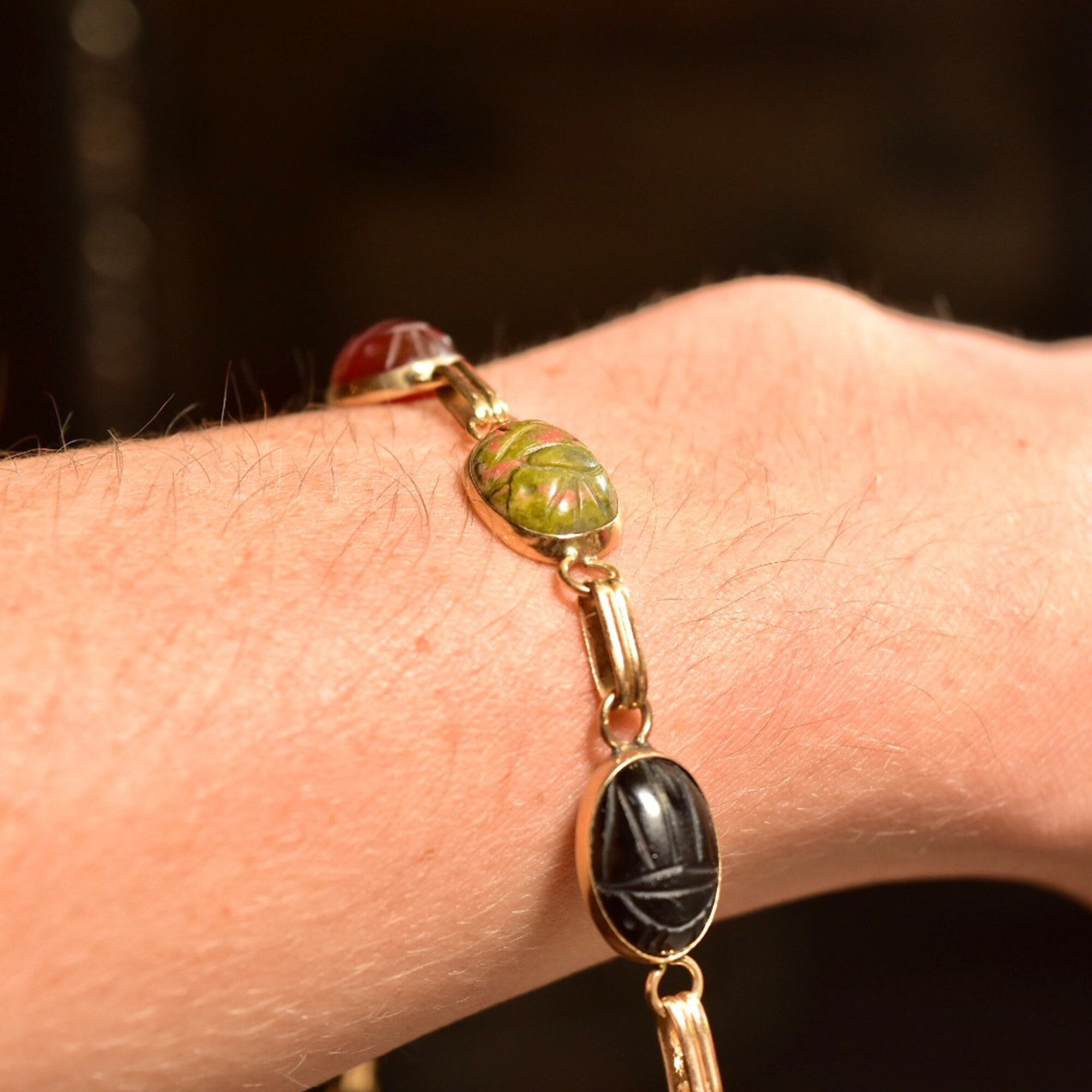 14K Scarab Bracelet with Carved Natural Gemstones