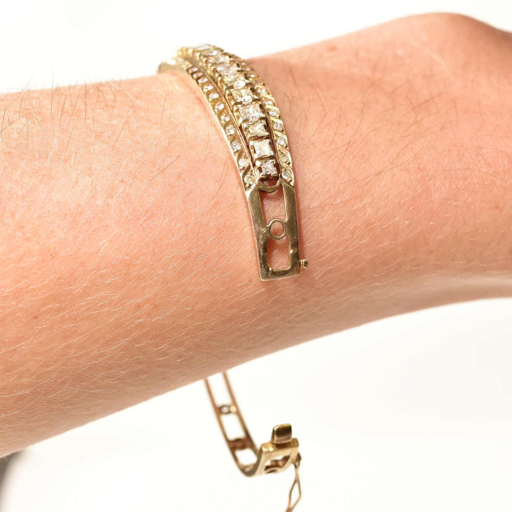 Dazzling 14K Diamond Cluster Bangle Bracelet, Princess-Cut Diamonds, Yellow Gold Open Work Cuff, 2+ TCW, 6 1/4"