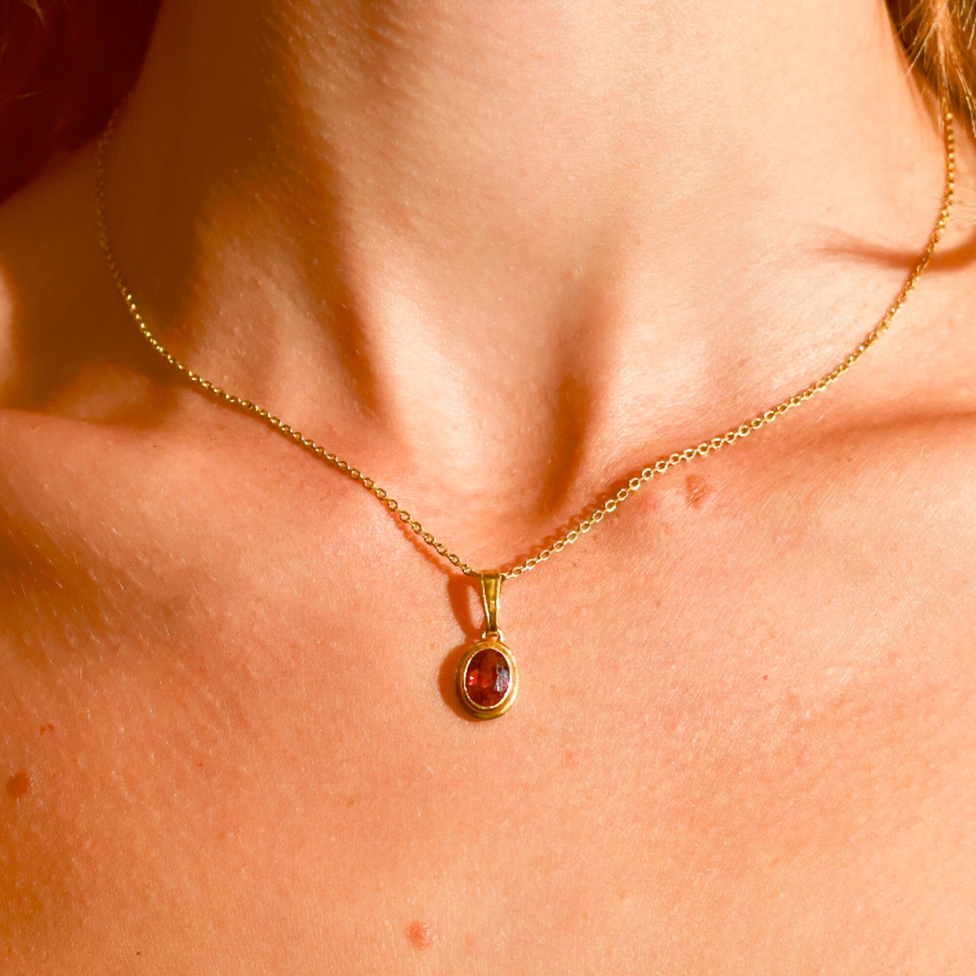 18K Garnet Pendant, Heirloom Charm, Oval-Cute Garnet, Yellow Gold Bezel Set Solitaire Pendant, 21mm