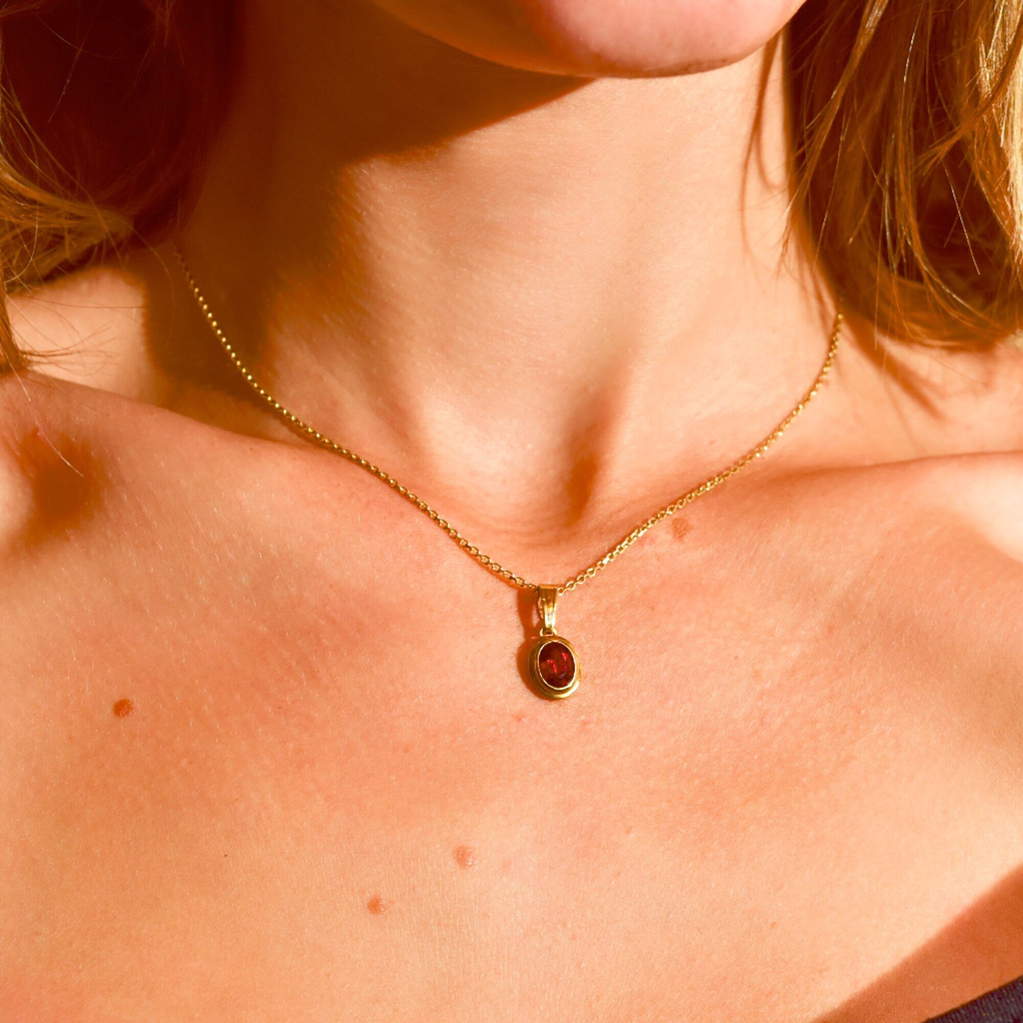 18K Garnet Pendant, Heirloom Charm, Oval-Cute Garnet, Yellow Gold Bezel Set Solitaire Pendant, 21mm