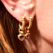 18K Amethyst Hoop Charm Earrings, Trillion-Cut Gemstone, Small Yellow Gold Latch Back Hoops, 750 Hallmark, 27mm