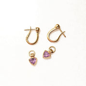 18K Amethyst Hoop Charm Earrings, Trillion-Cut Gemstone, Small Yellow Gold Latch Back Hoops, 750 Hallmark, 27mm