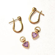 18K Amethyst Hoop Charm Earrings, Trillion-Cut Gemstone, Small Yellow Gold Latch Back Hoops, 750 Hallmark, 27mm