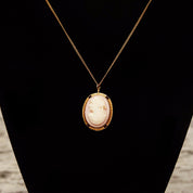 Antique 14K Pink Cameo Pendant Necklace, Yellow Gold Bezel Pendant, Classic Relief Shell Carving, 1mm Chain, 16" L