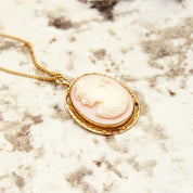 Antique 14K Pink Cameo Pendant Necklace, Yellow Gold Bezel Pendant, Classic Relief Shell Carving, 1mm Chain, 16" L