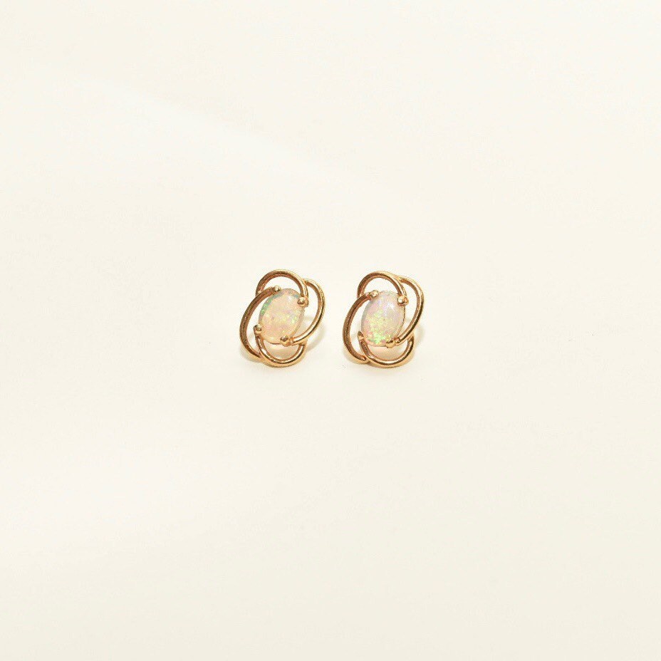Cute 10K Opal Stud Earrings, Yellow Gold Spiral Trim, Natural Opal Cabochon, Estate Jewelry, 11mm