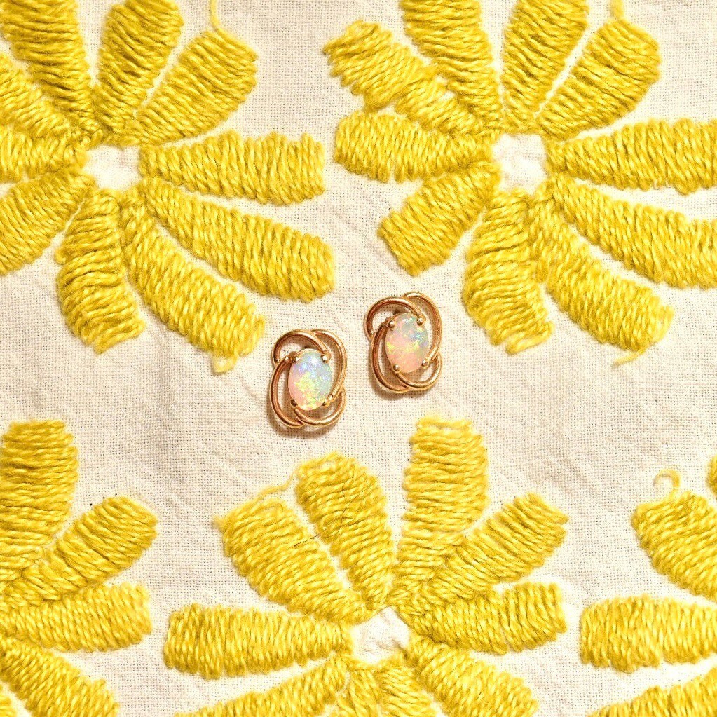 Cute 10K Opal Stud Earrings, Yellow Gold Spiral Trim, Natural Opal Cabochon, Estate Jewelry, 11mm