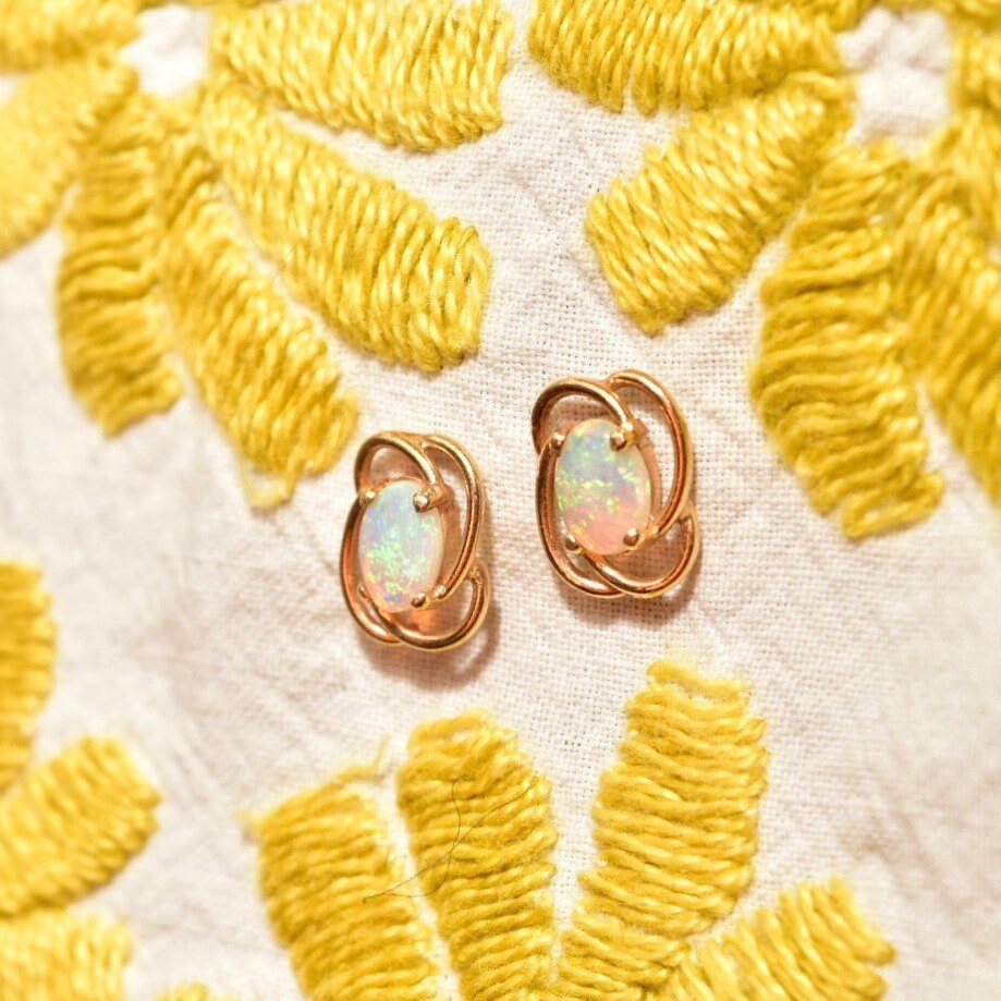 Cute 10K Opal Stud Earrings, Yellow Gold Spiral Trim, Natural Opal Cabochon, Estate Jewelry, 11mm