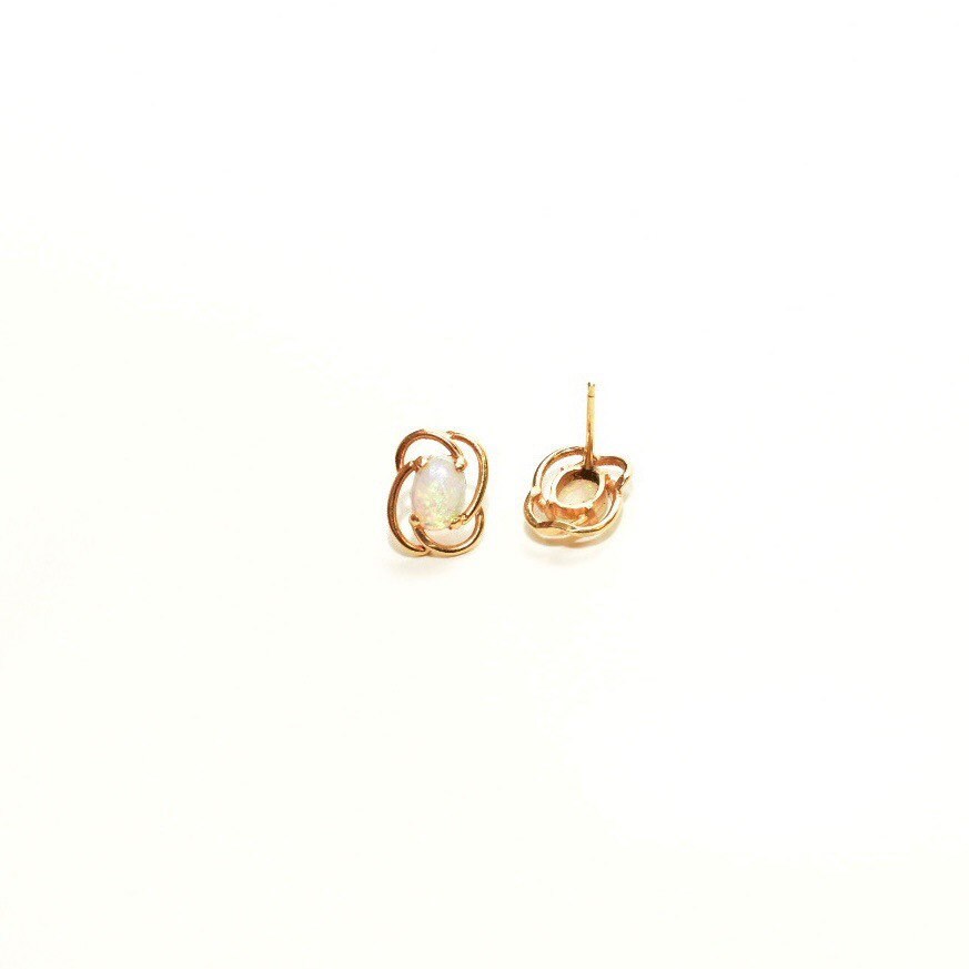 Cute 10K Opal Stud Earrings, Yellow Gold Spiral Trim, Natural Opal Cabochon, Estate Jewelry, 11mm