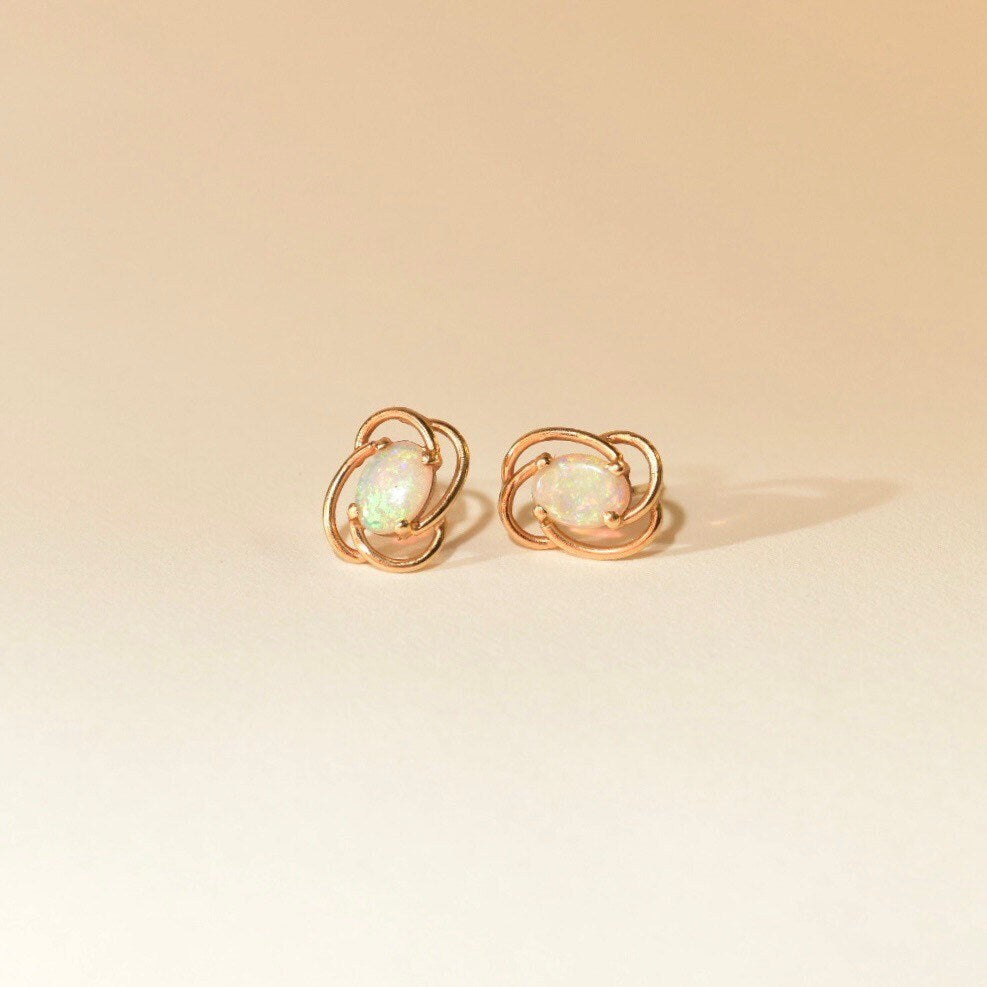 Cute 10K Opal Stud Earrings, Yellow Gold Spiral Trim, Natural Opal Cabochon, Estate Jewelry, 11mm