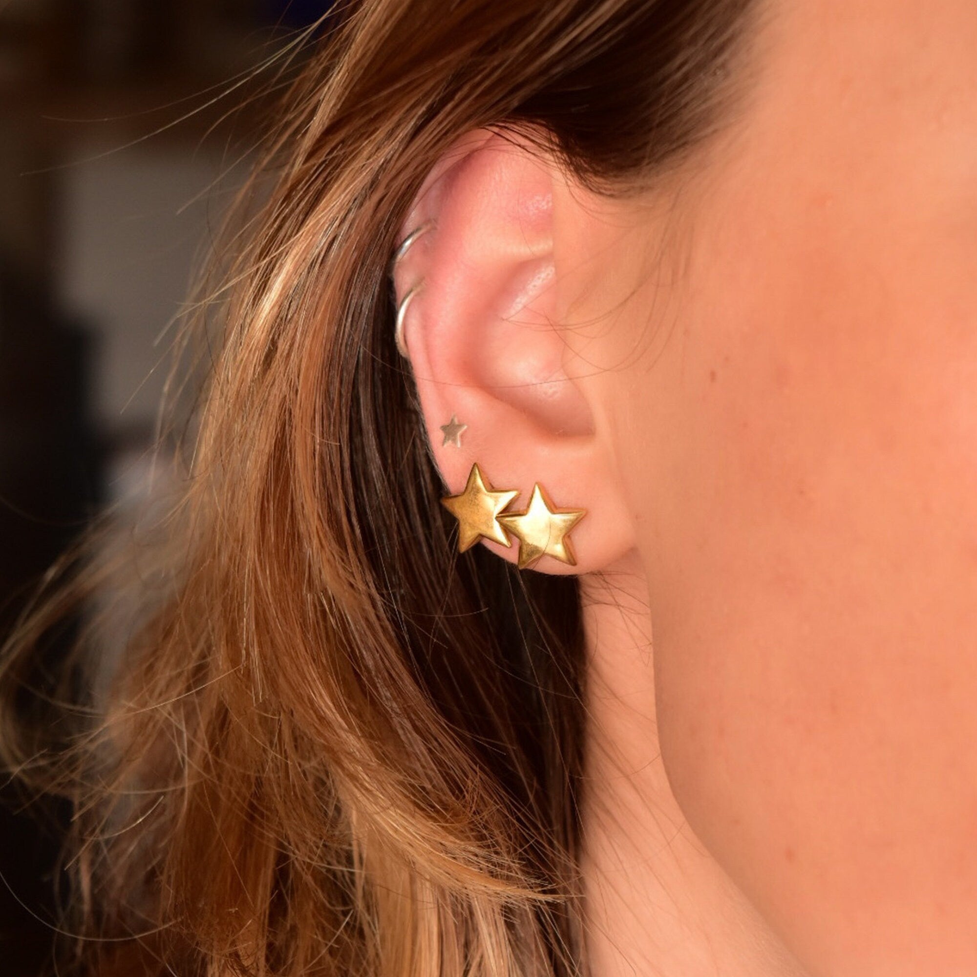 Solid Gold Star Stud Earrings In 18K, Small 5-Pointed Star, Polished Yellow Gold, Cute Vintage Earrings, 12mm