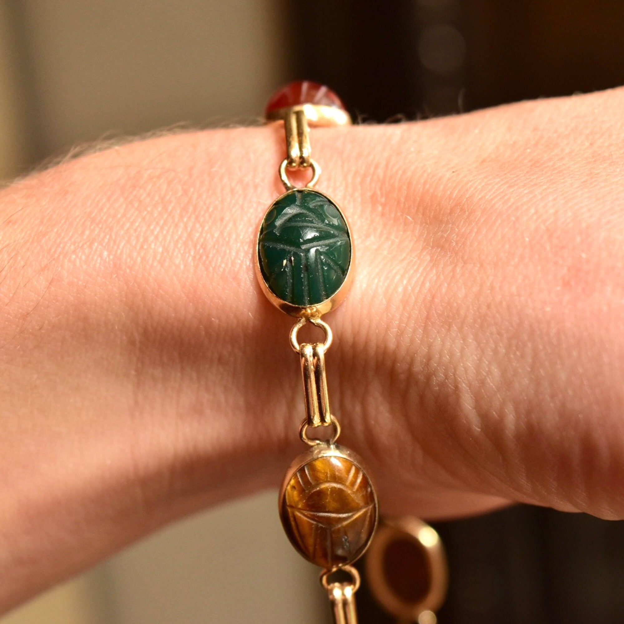 14K Scarab Bracelet with Carved Natural Gemstones