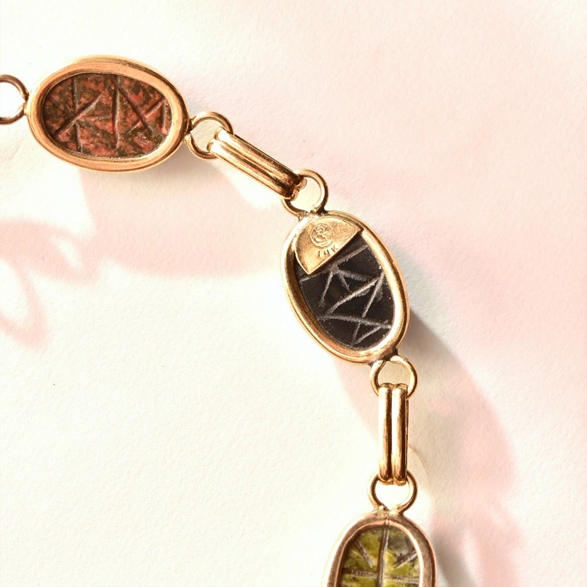 14K Scarab Bracelet with Carved Natural Gemstones