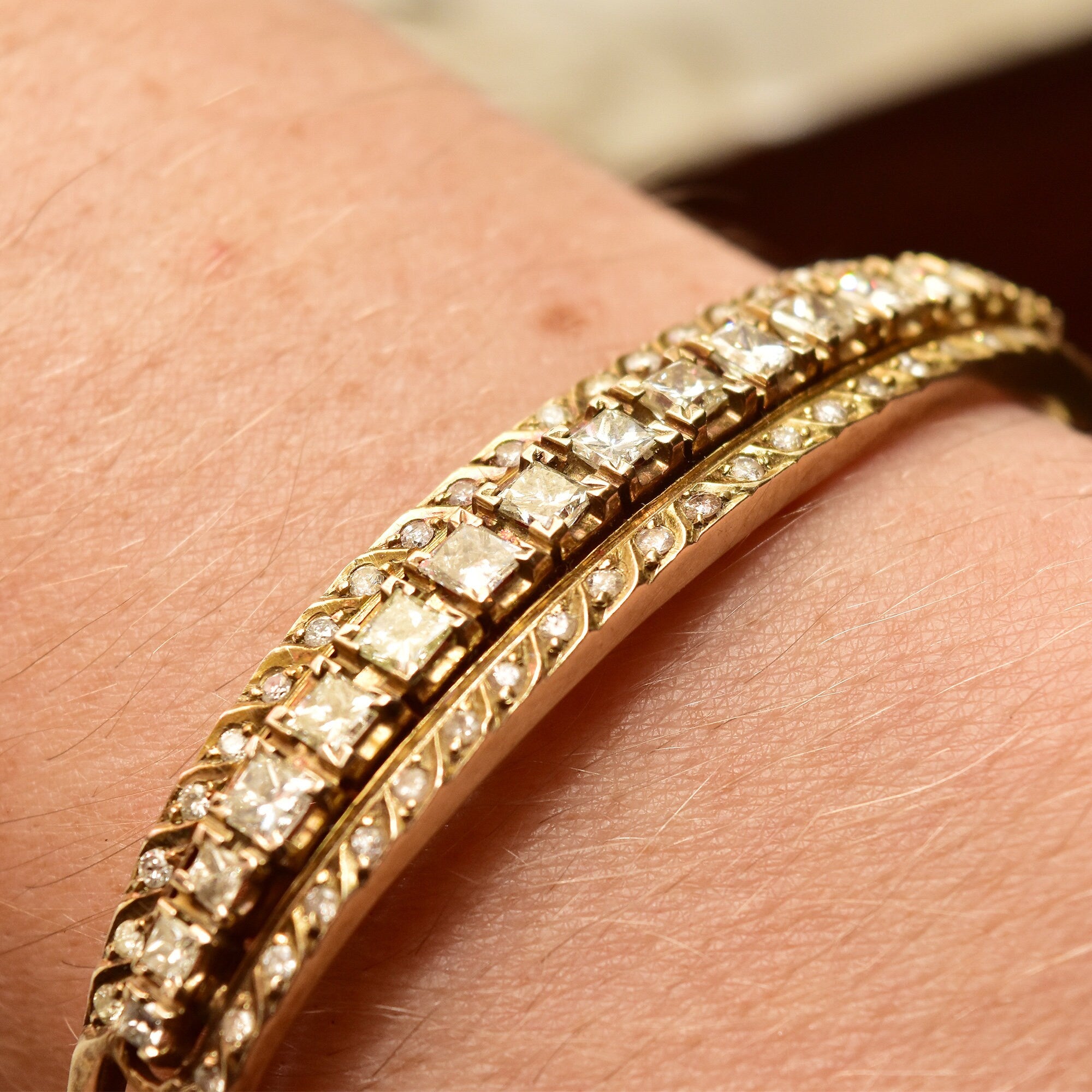 Dazzling 14K Diamond Cluster Bangle Bracelet, Princess-Cut Diamonds, Yellow Gold Open Work Cuff, 2+ TCW, 6 1/4"