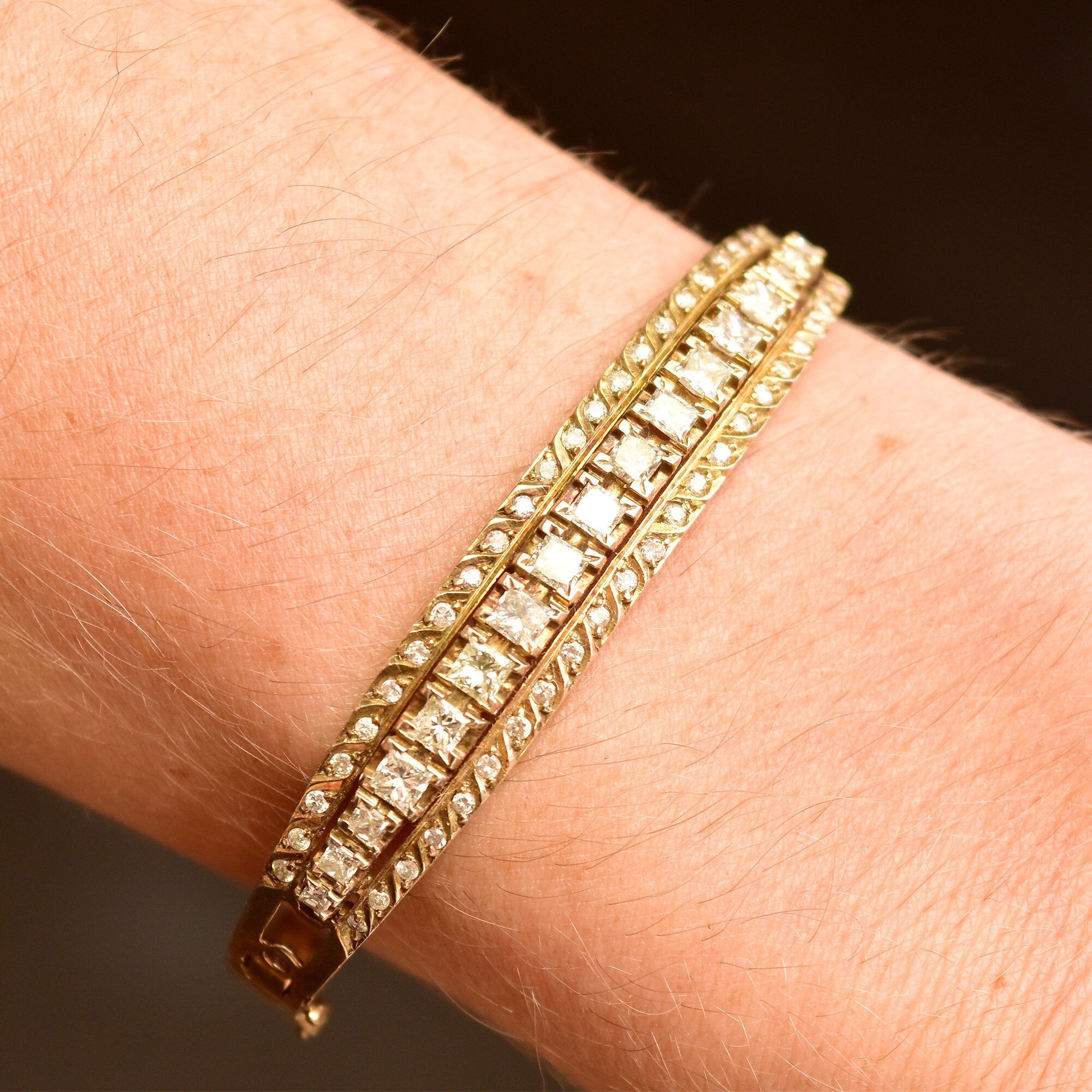 Dazzling 14K Diamond Cluster Bangle Bracelet, Princess-Cut Diamonds, Yellow Gold Open Work Cuff, 2+ TCW, 6 1/4"