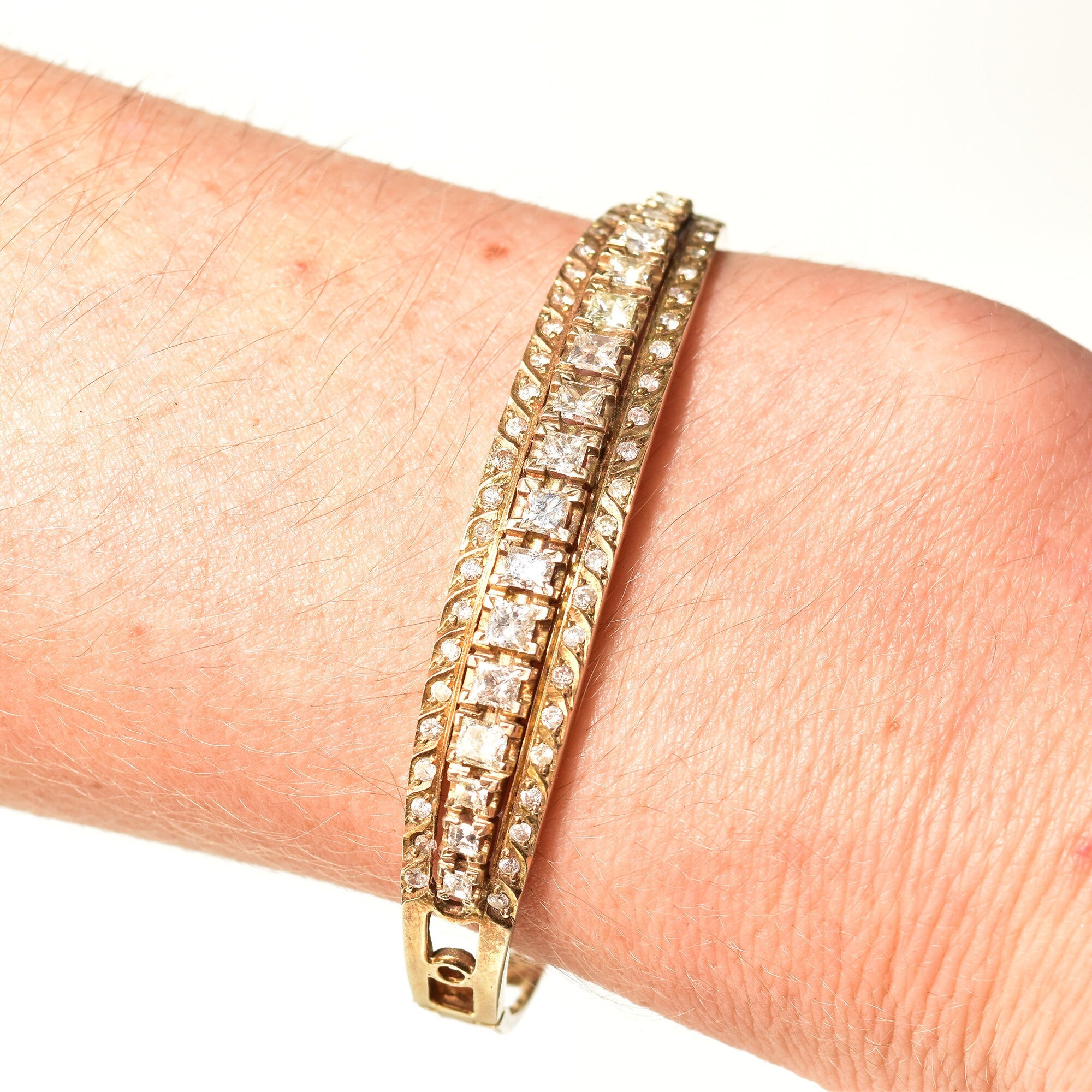 Dazzling 14K Diamond Cluster Bangle Bracelet, Princess-Cut Diamonds, Yellow Gold Open Work Cuff, 2+ TCW, 6 1/4"