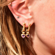 18K Amethyst Hoop Charm Earrings, Trillion-Cut Gemstone, Small Yellow Gold Latch Back Hoops, 750 Hallmark, 27mm