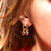 18K Amethyst Hoop Charm Earrings, Trillion-Cut Gemstone, Small Yellow Gold Latch Back Hoops, 750 Hallmark, 27mm