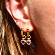 18K Amethyst Hoop Charm Earrings, Trillion-Cut Gemstone, Small Yellow Gold Latch Back Hoops, 750 Hallmark, 27mm
