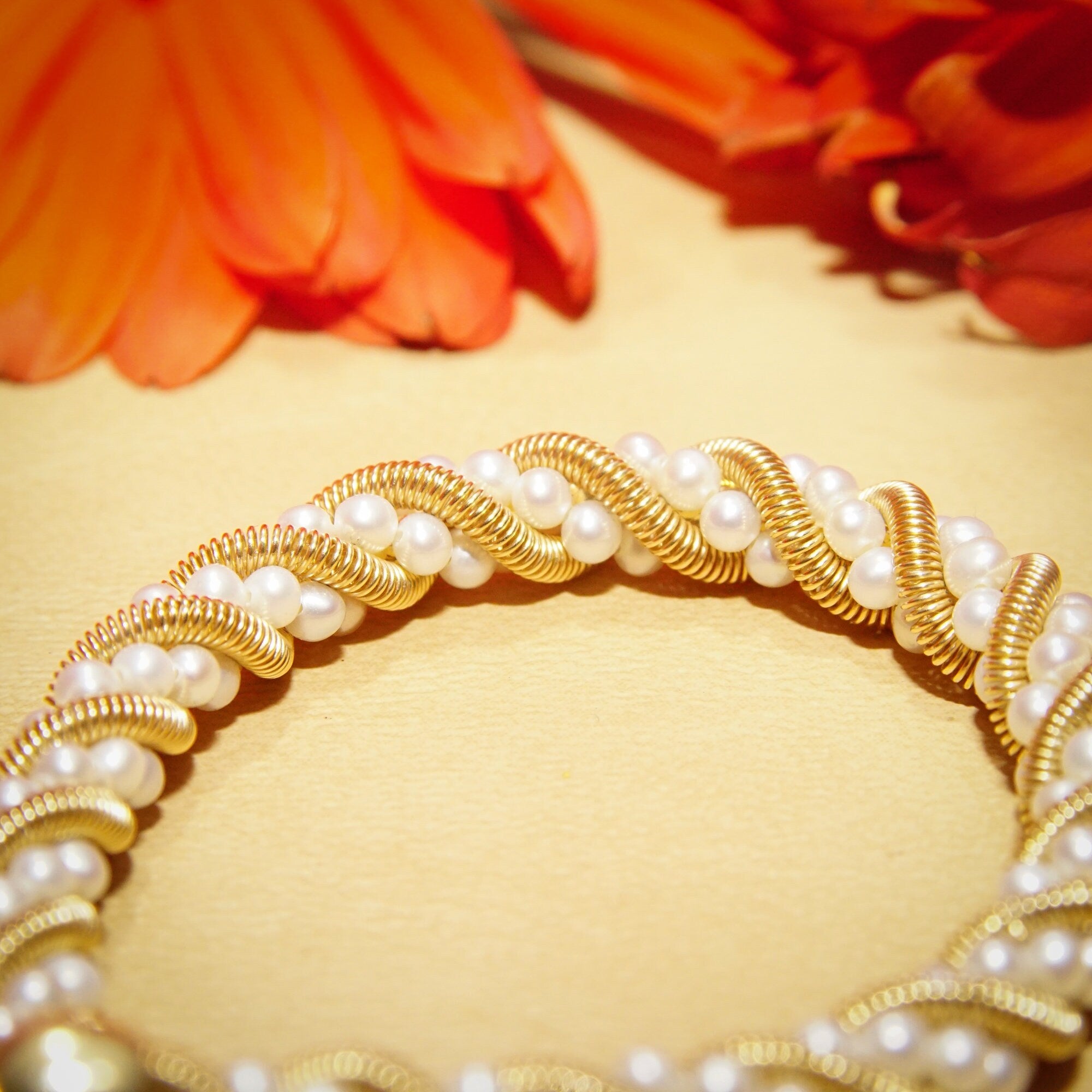 14K Seed Pearl Twisted Rope Chain Bracelet, Yellow Gold Coil & Pearl Link Bracelet, Tiffany Style Jewelry, 7 1/2" L