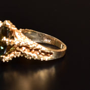 Brutalist 14K Green Topaz Cocktail Ring, Textured Organic Yellow Claw Setting, Estate Jewelry, Size 5 US