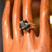 Brutalist 14K Green Topaz Cocktail Ring, Textured Organic Yellow Claw Setting, Estate Jewelry, Size 5 US