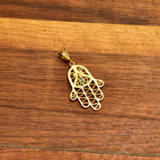22KT Filigree Hamsa Hand Amulet, Blue Turquoise Accent, Yellow Gold Openwork Pendant, Evil Eye Talisman, 1 7/8" L