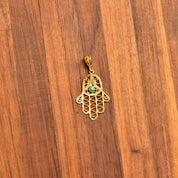 22KT Filigree Hamsa Hand Amulet, Blue Turquoise Accent, Yellow Gold Openwork Pendant, Evil Eye Talisman, 1 7/8" L