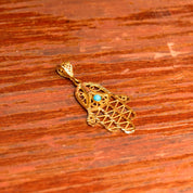 22KT Filigree Hamsa Hand Amulet, Blue Turquoise Accent, Yellow Gold Openwork Pendant, Evil Eye Talisman, 1 7/8" L