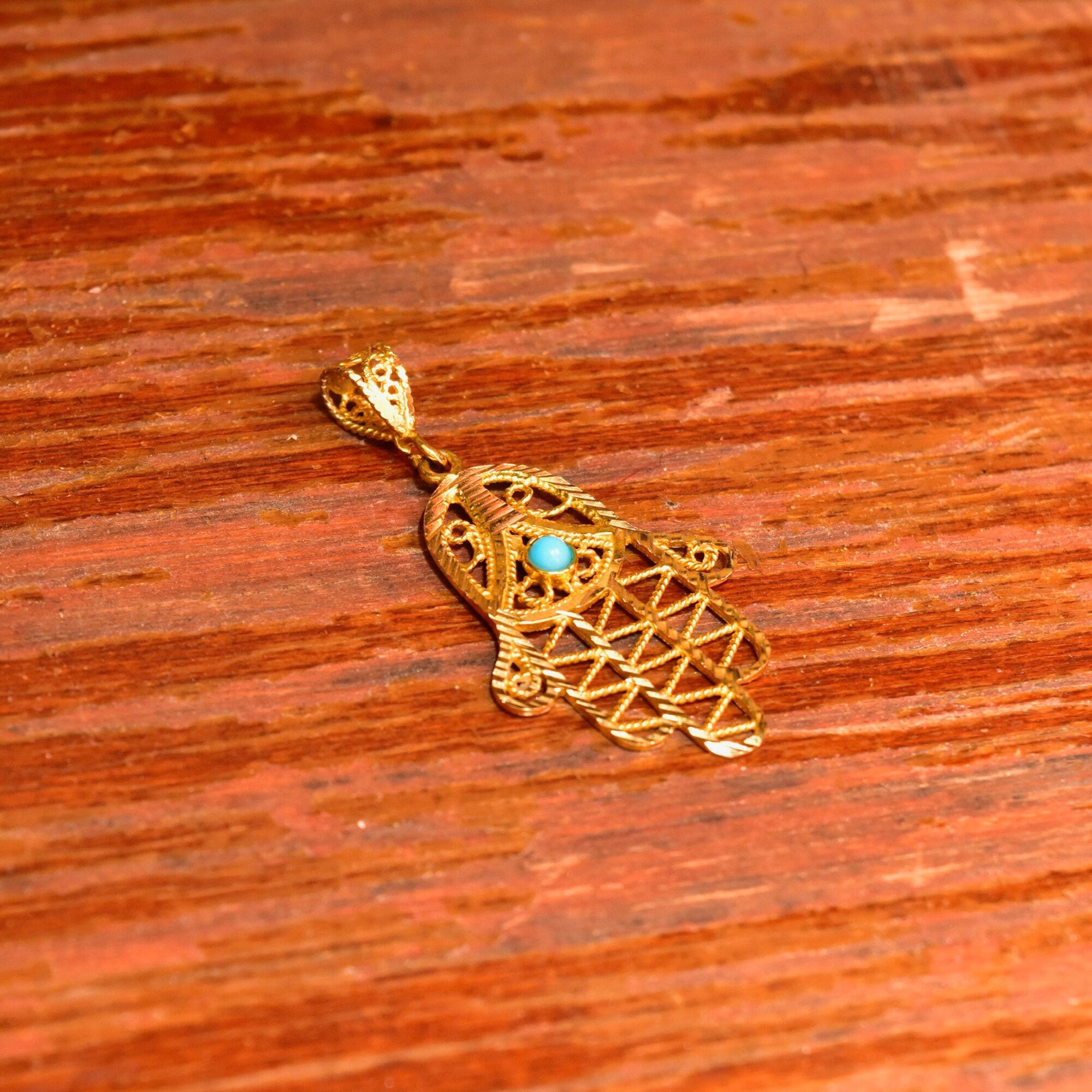 22KT Filigree Hamsa Hand Amulet, Blue Turquoise Accent, Yellow Gold Openwork Pendant, Evil Eye Talisman, 1 7/8" L