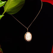 Antique 14K Pink Cameo Pendant Necklace, Yellow Gold Bezel Pendant, Classic Relief Shell Carving, 1mm Chain, 16" L