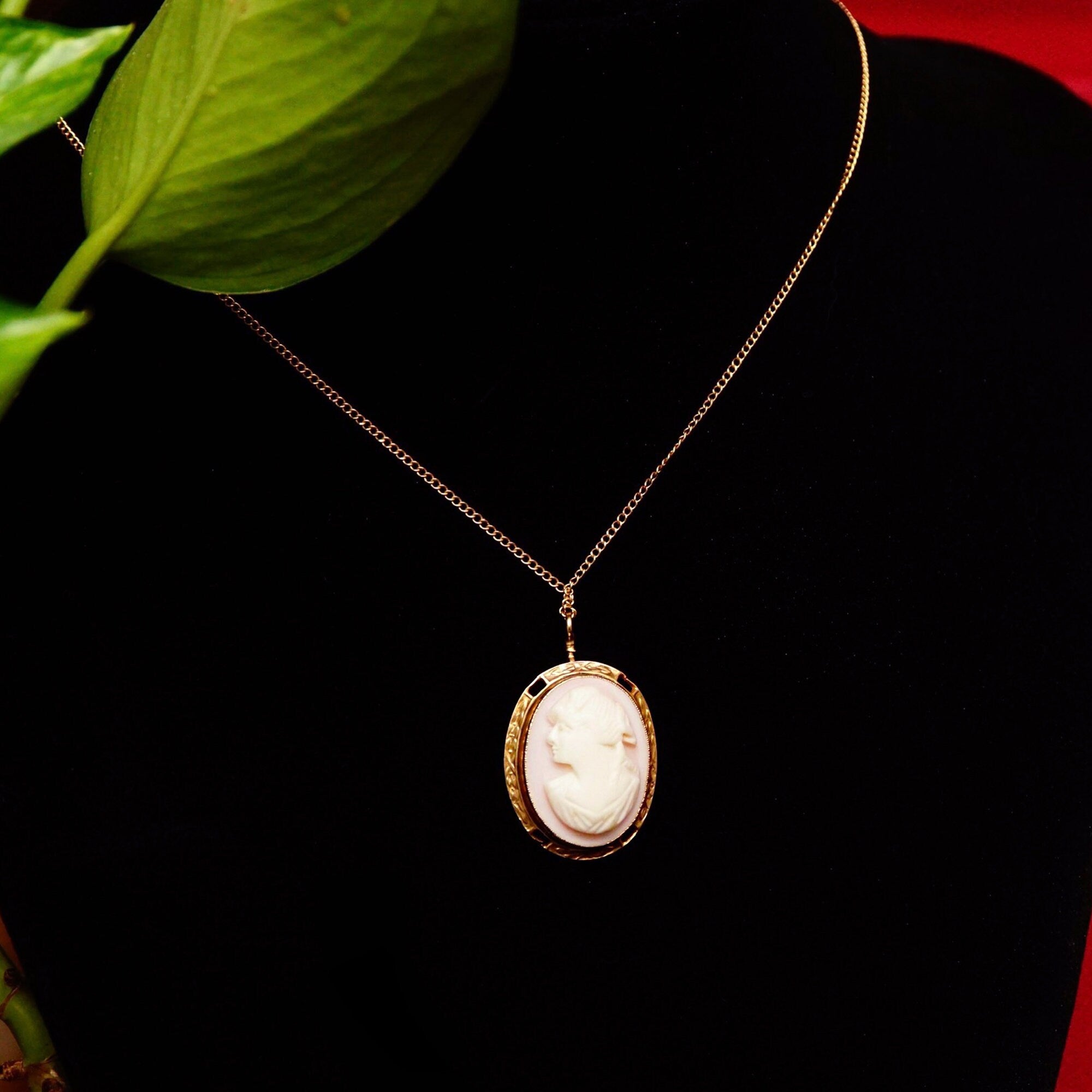 Antique 14K Pink Cameo Pendant Necklace, Yellow Gold Bezel Pendant, Classic Relief Shell Carving, 1mm Chain, 16" L