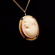 Antique 14K Pink Cameo Pendant Necklace, Yellow Gold Bezel Pendant, Classic Relief Shell Carving, 1mm Chain, 16" L